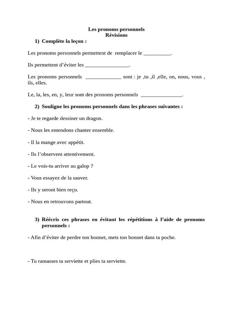Les pronoms personnels expliqués | PDF