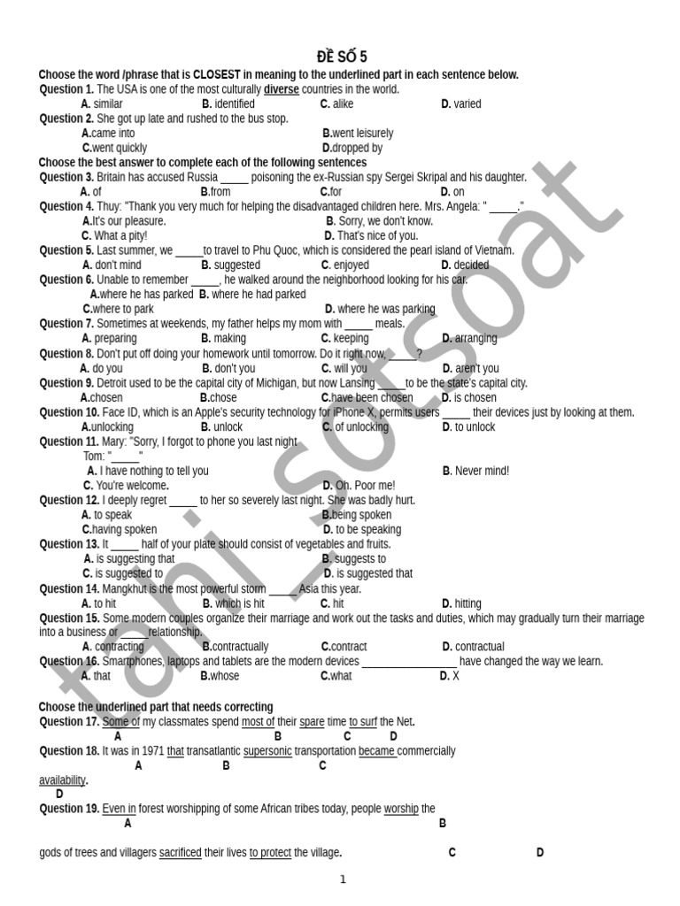 Vocabulary and Grammar Practice Test | PDF