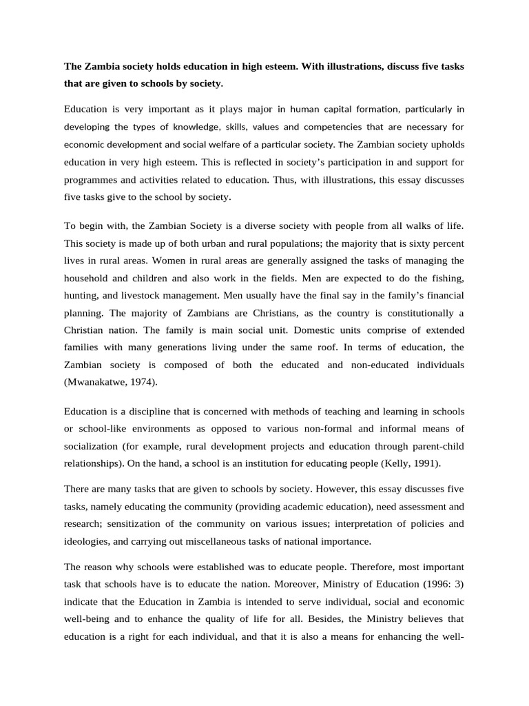 Assignment The Zambia Society Holds Education in High Esteem | PDF ...