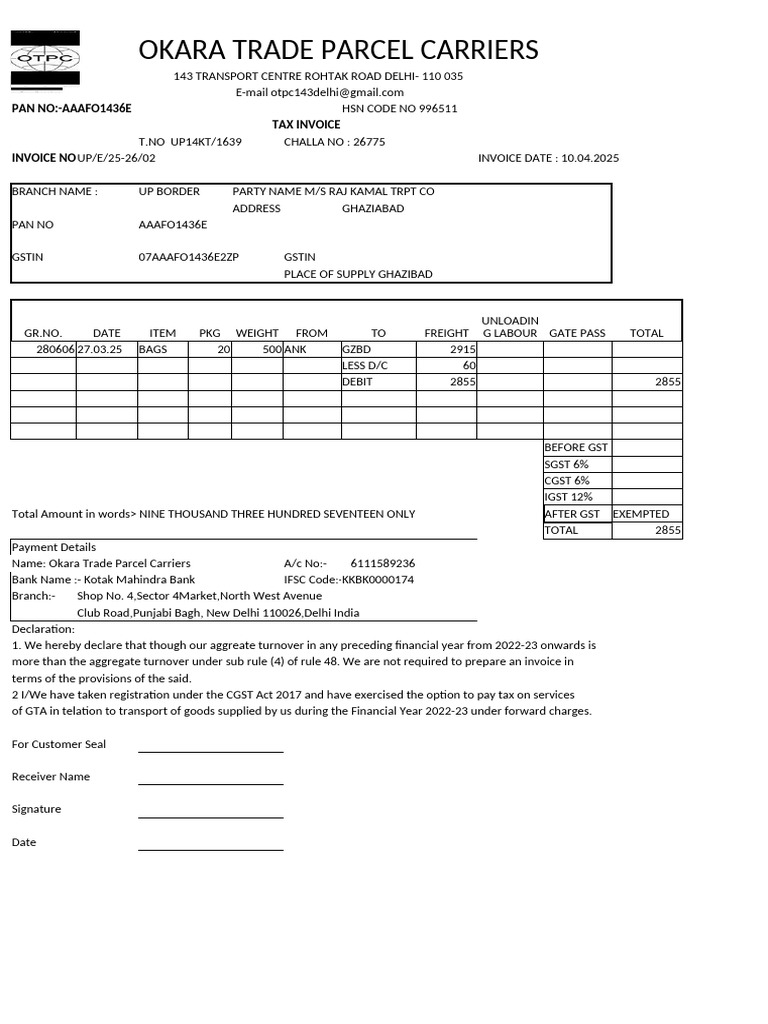 Tax Invoice for Okara Trade Carriers | PDF | Invoice | Sales