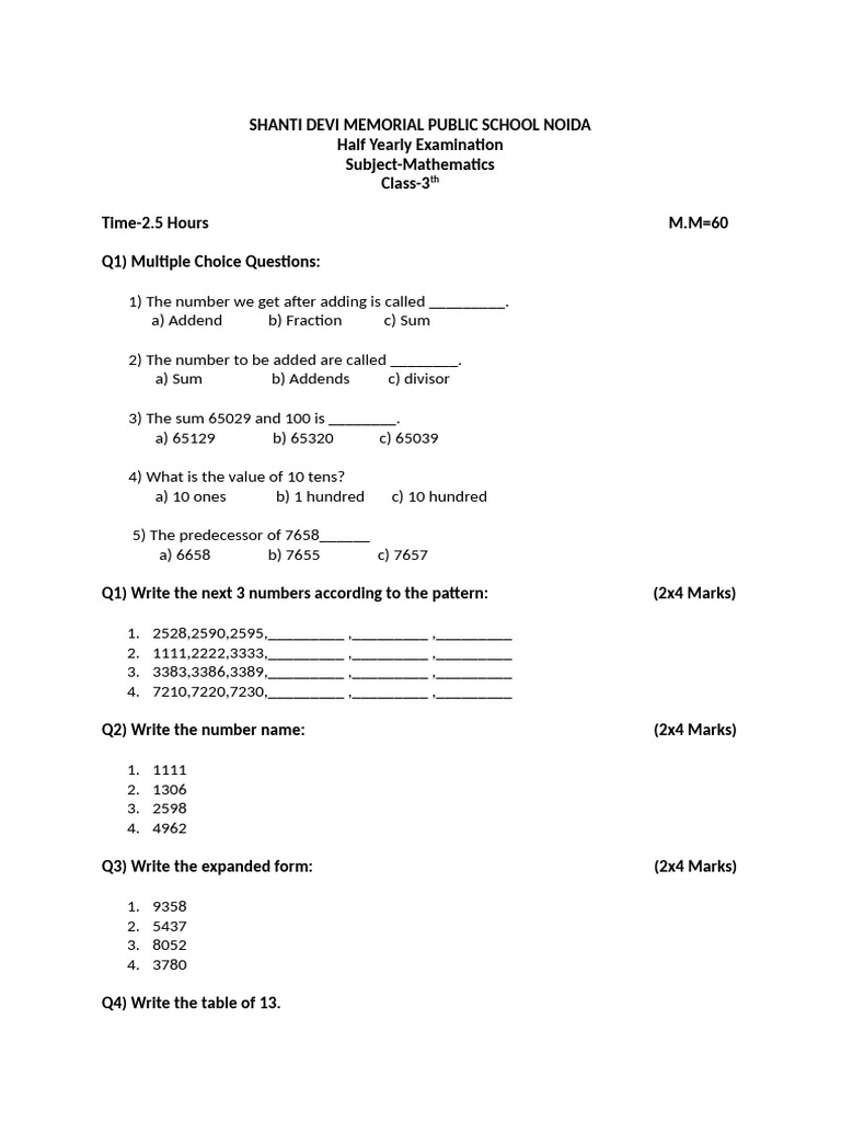 Class 3th maths paper | PDF