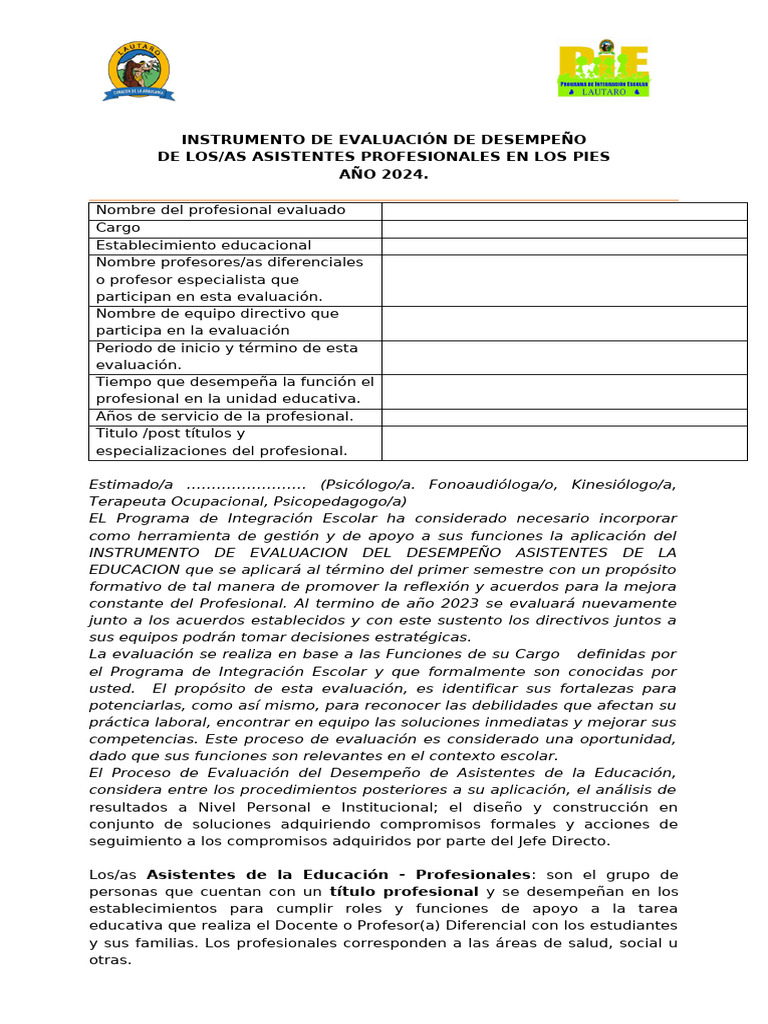 INSTRUMENTO DE EVALUACIÓN Asistentes - Profesionales PIE. | PDF ...