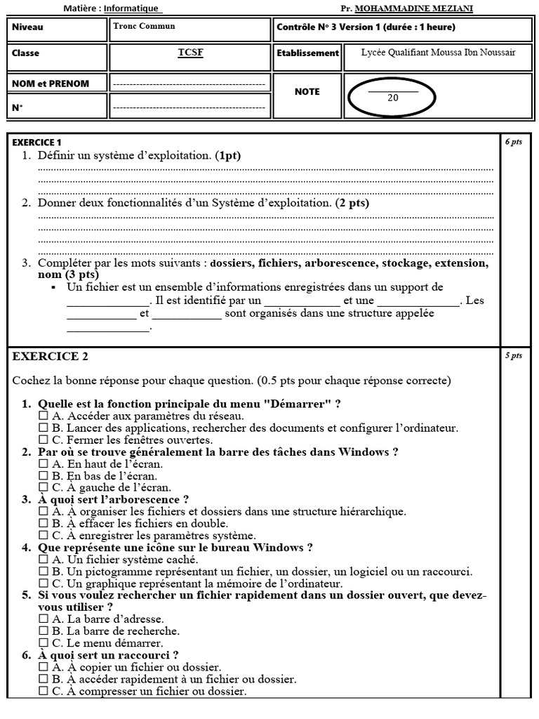 Contrôle Informatique TCSF - Exercice 3 | PDF | Fichier informatique ...
