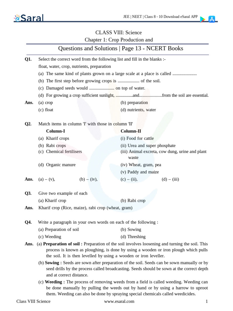 NCERT Solutions Class 8 Science Chapter 1 Crop Production and ...