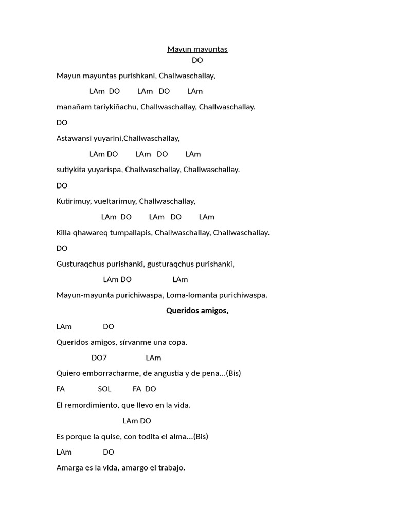 Letra de la canción Challwaschallay | PDF