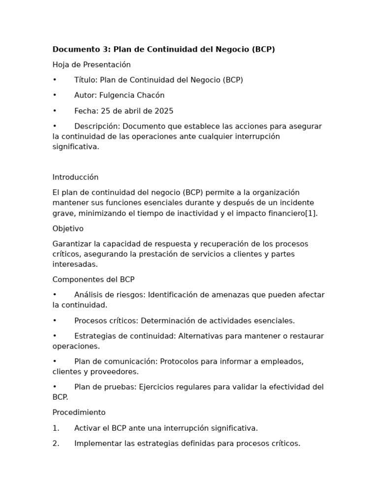Plan de Continuidad del Negocio (BCP) | PDF