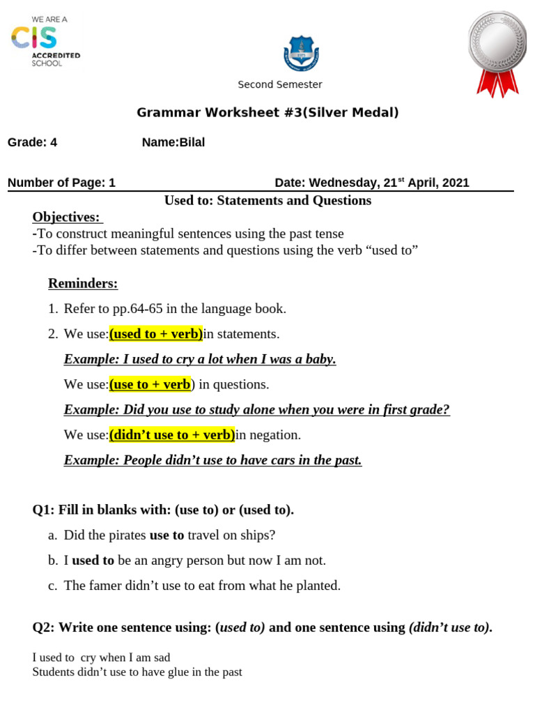 G4-English-Grammar-Used To Verbs - Worksheet | PDF