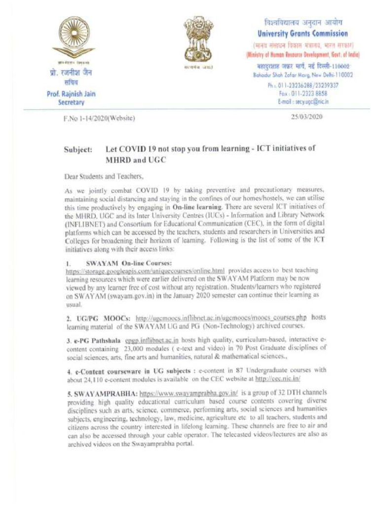 UGC - MHRD Letter | PDF
