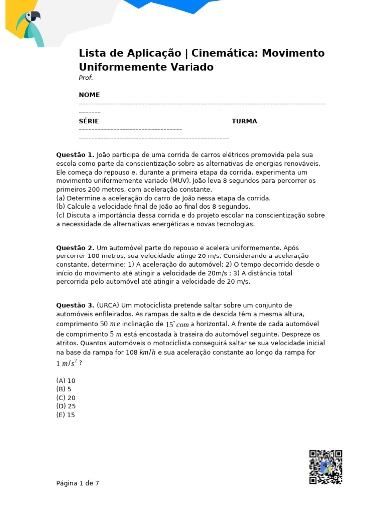 Questões sobre Movimento Uniformemente Variado | PDF | Aceleração | Força