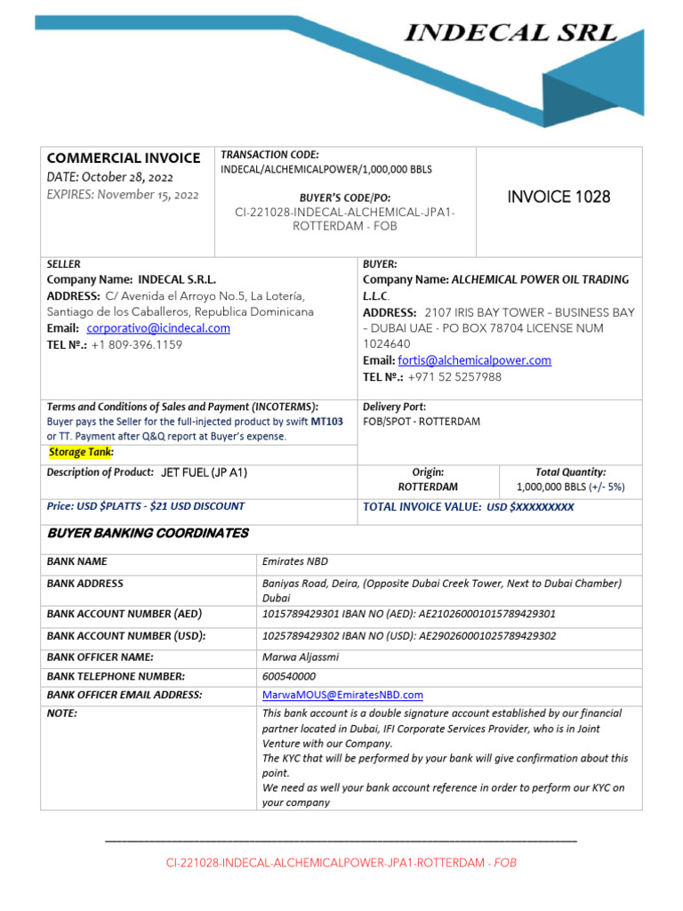 Commercial Invoice 1MM BBLS Jet Fuel | PDF | Dubai | Invoice