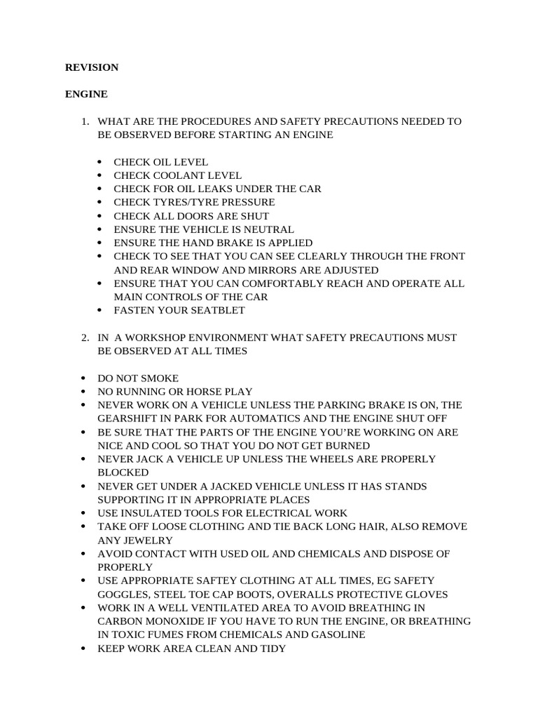 Engine Safety and Inspection Procedures | PDF | Manual Transmission | Brake