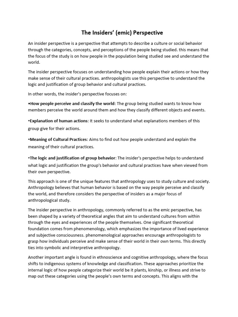 Emic Perspective in Anthropology Explained | PDF | Anthropology ...