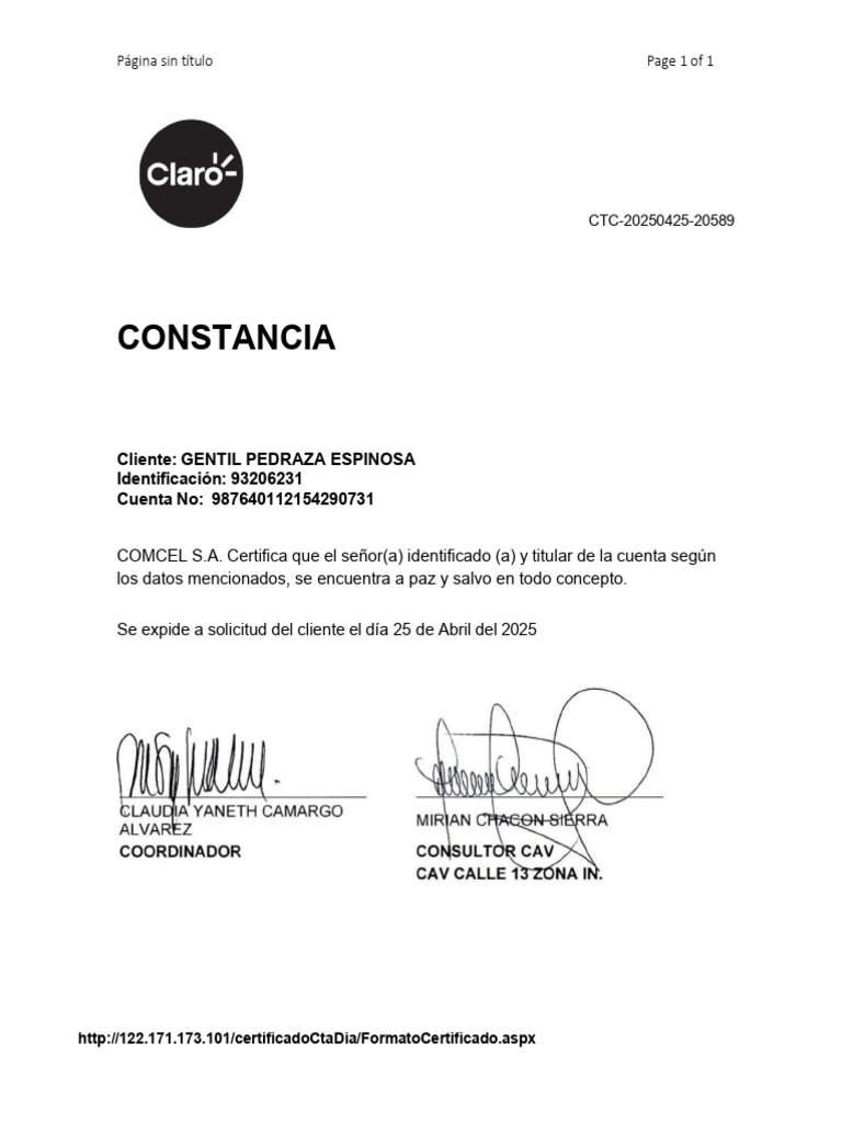 Certificado de Paz y Salvo Claro 2025 | PDF