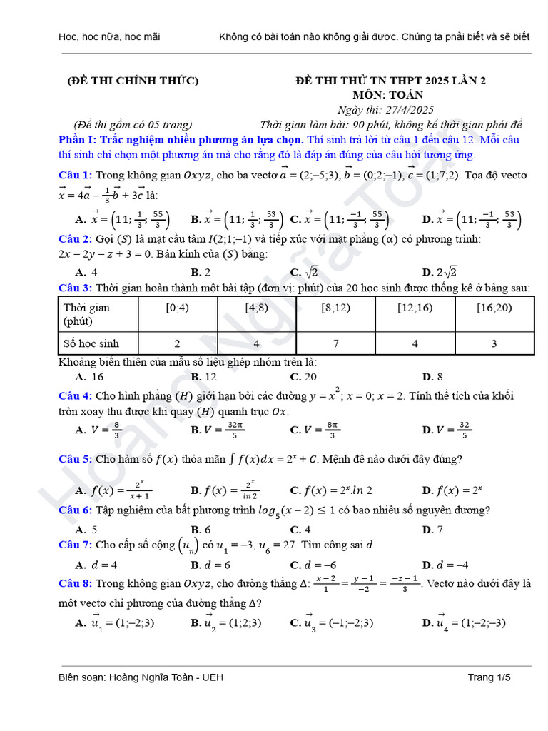 ĐỀ THI THỬ TN THPT 2025 LẦN 2 MÔN TOÁN | PDF
