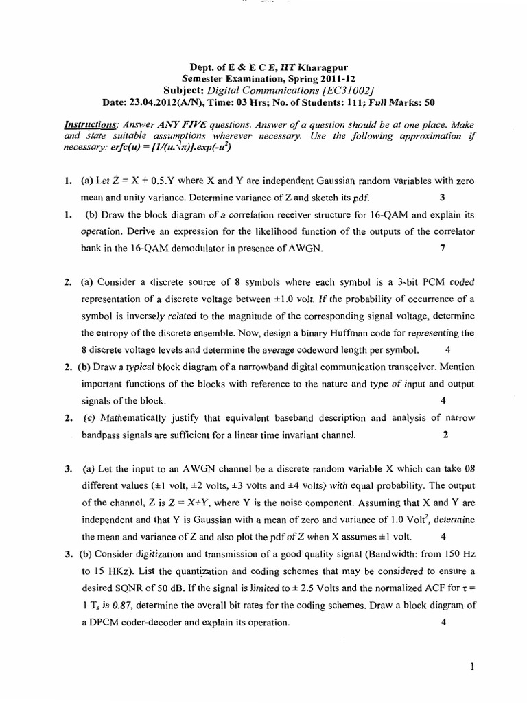 Digital Communications Exam 2011-12 | PDF | Telecommunications ...