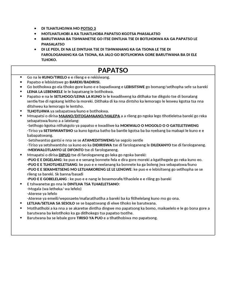 PAPATSO Le PHASALATSO NOTES | PDF
