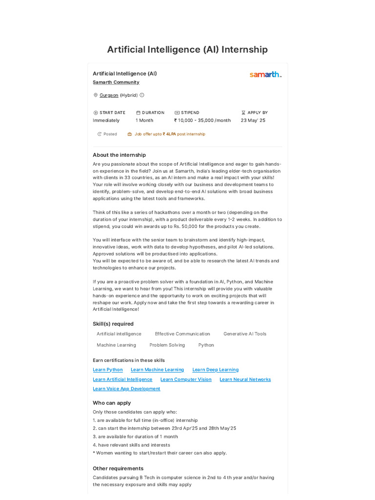 Artificial Intelligence (AI) Internship in Gurgaon at Samarth Community ...