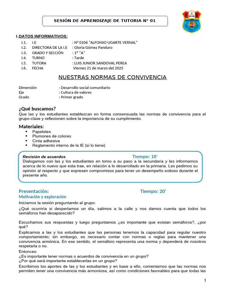 Normas de Convivencia en Aula 1º "A" | PDF | Salón de clases