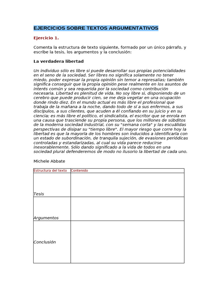 Ejercicios de Textos Argumentativos | PDF | Libertad | Libertad de ...