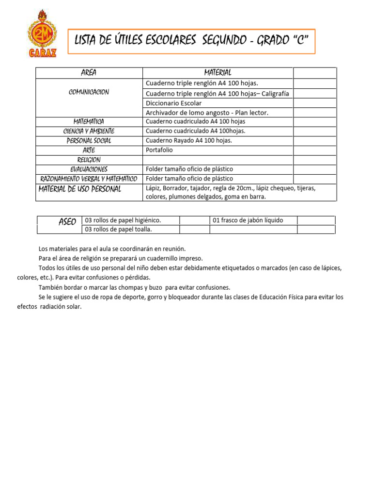 Lista Útiles Escolares 2° Grado 2025 | PDF