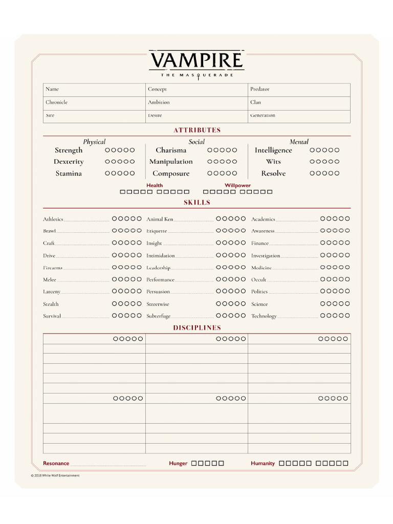 Nikolai H. Character Sheet for V5 | PDF