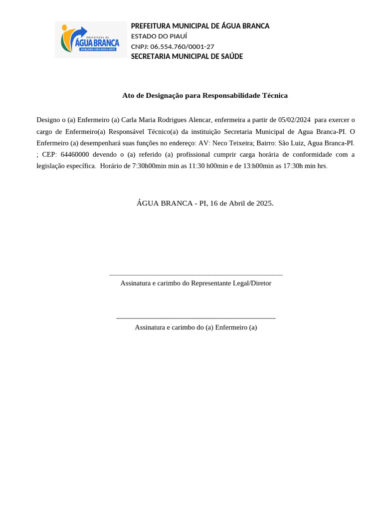 Designação de Enfermeiro em Água Branca | PDF
