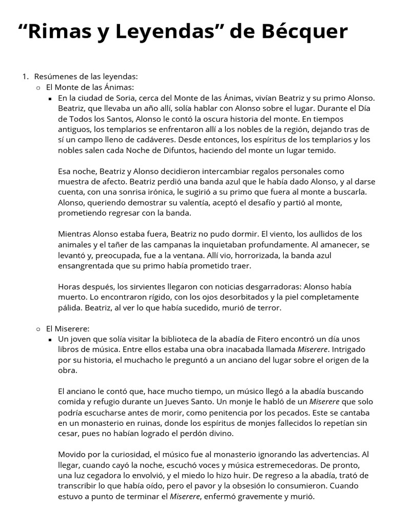 Rimas y Leyendas de Bécquer: Resúmenes | PDF | Amor