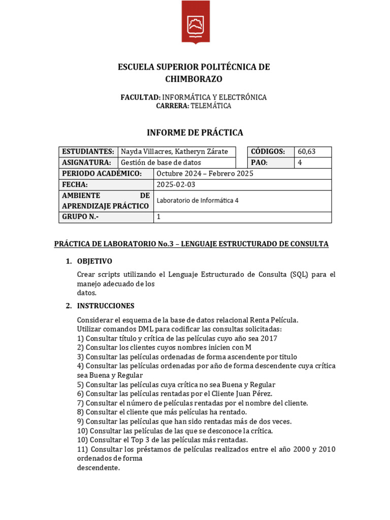 Informe de Práctica No.3 | PDF | SQL | Bases de datos