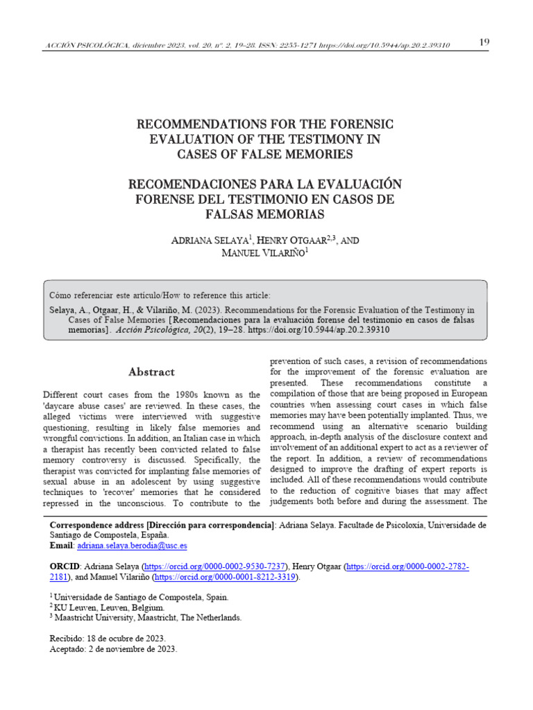 Forensic Evaluation of False Memories | PDF | Cognition | Behavioural ...