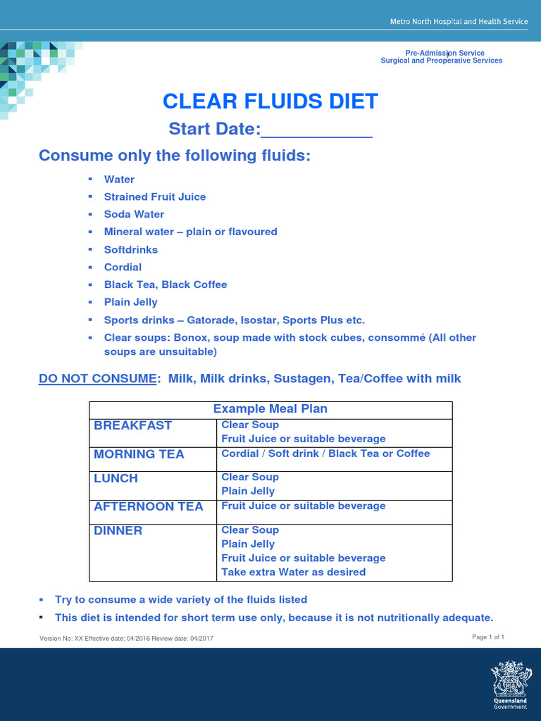 Clear Fluids Diet Guidelines | PDF