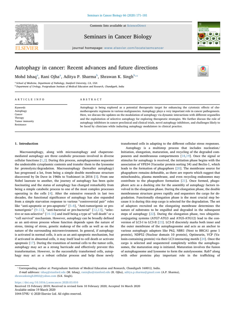 2020 Autophagy in cancer Recent advances and future directions | PDF ...