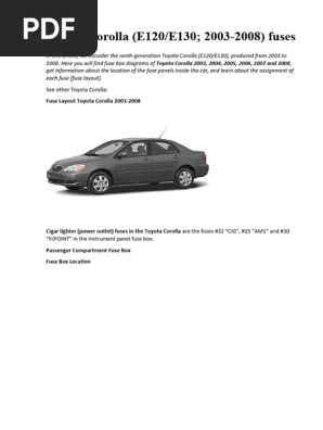 2007 toyota corolla cigarette lighter fuse 2007-2008 Box Diagram | PDF | Headlamp Toyota Corolla Fuse Box Diagrams