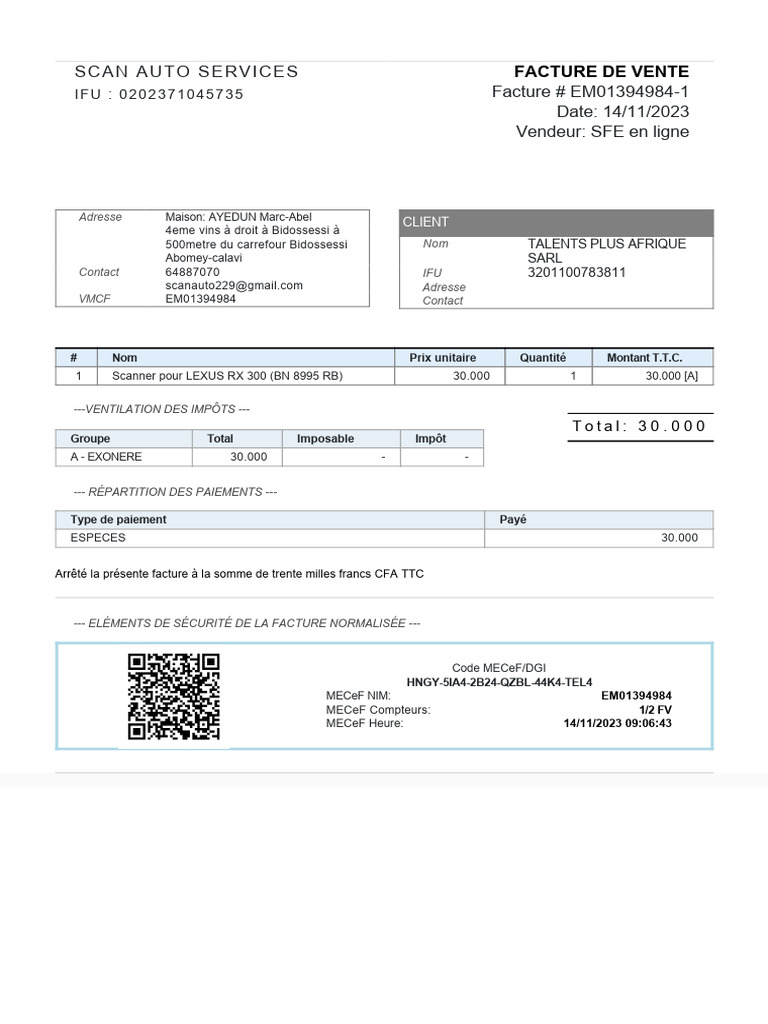 Facture SFE - Scanner Lexus RX 300 | PDF