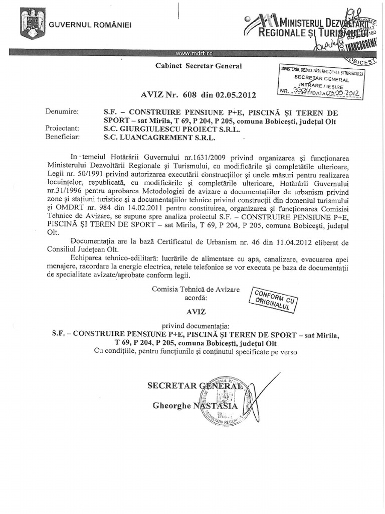 AVIZ Ministerul Dezvoltarii Regionale Si Turismului | PDF