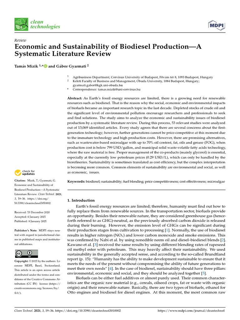 Economic and Sustainability of Biodiesel Production ... - MDP | PDF ...