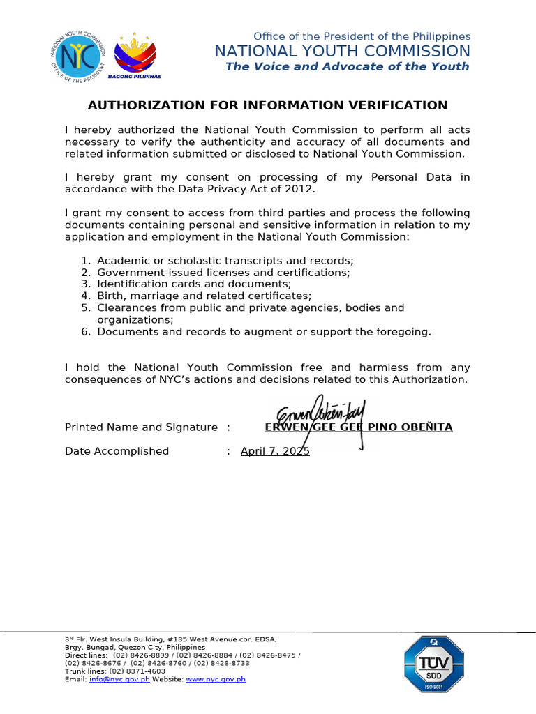Authorization for Information Verification | PDF