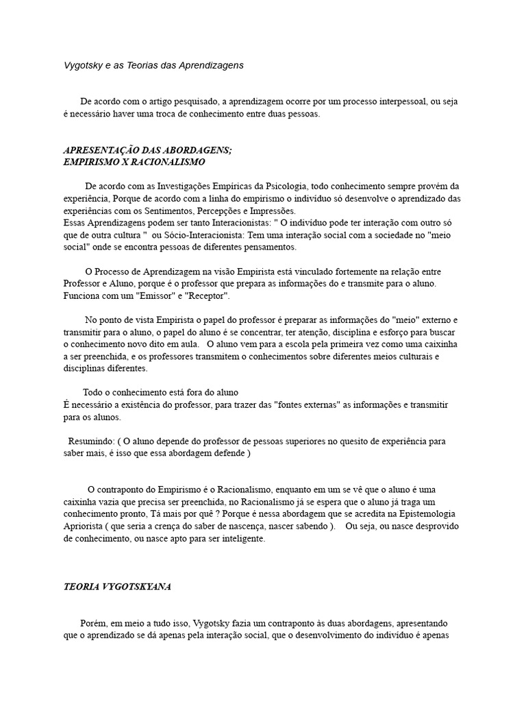 Vygotsky e Aprendizagem Interpessoal | PDF | Aprendizado | Conhecimento