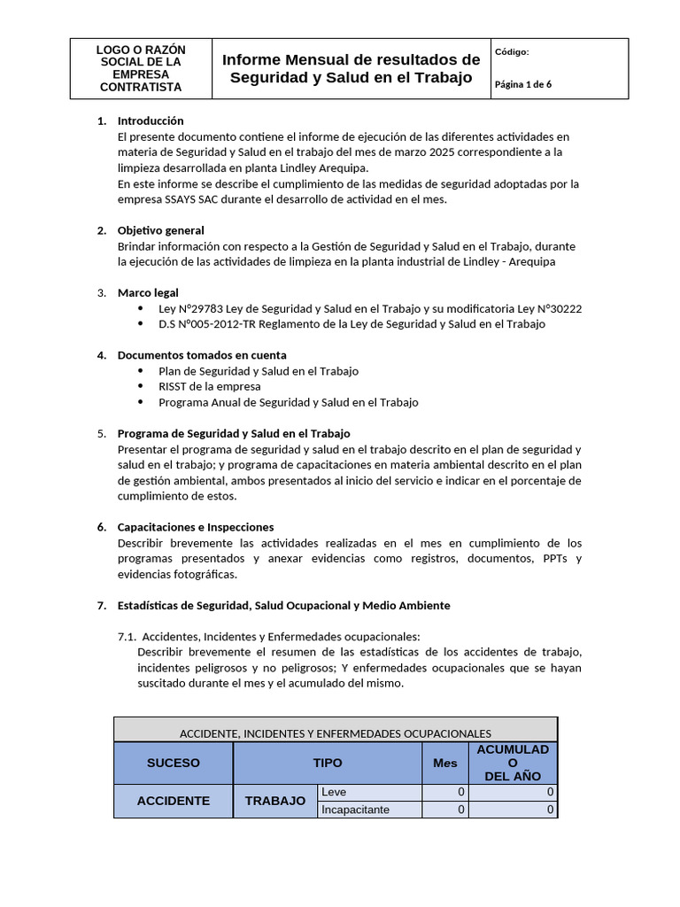Informe Mensual de Seguridad Laboral 2025 | PDF | Seguridad y salud ...