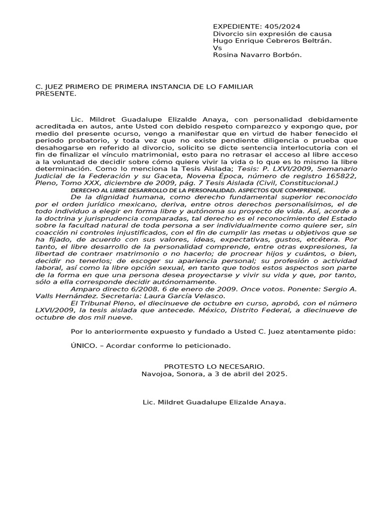 SOLICITAR SENTENCIA INTERLOCUTORIA | PDF | Divorcio | Caso de ley