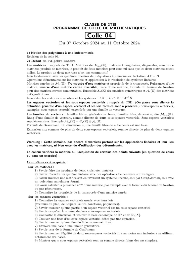 Programme de Colle de Maths 2TSI | PDF | Matrice (Mathématiques ...