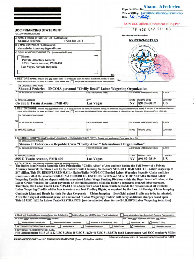 Non-Ucc Doc Fiiling Per RF 462 047 511 Usincola Labor | PDF