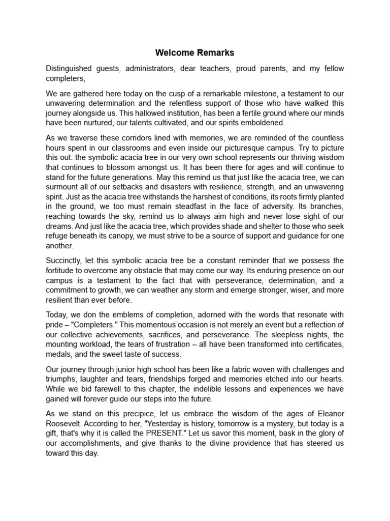 Welcome Remarks Graduation Pdf