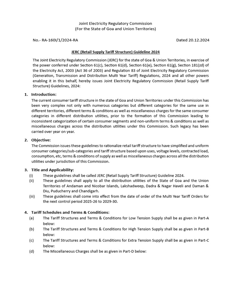 JERC Retail Supply Tariff Guidelines 2024 | PDF | Taxes | Fee