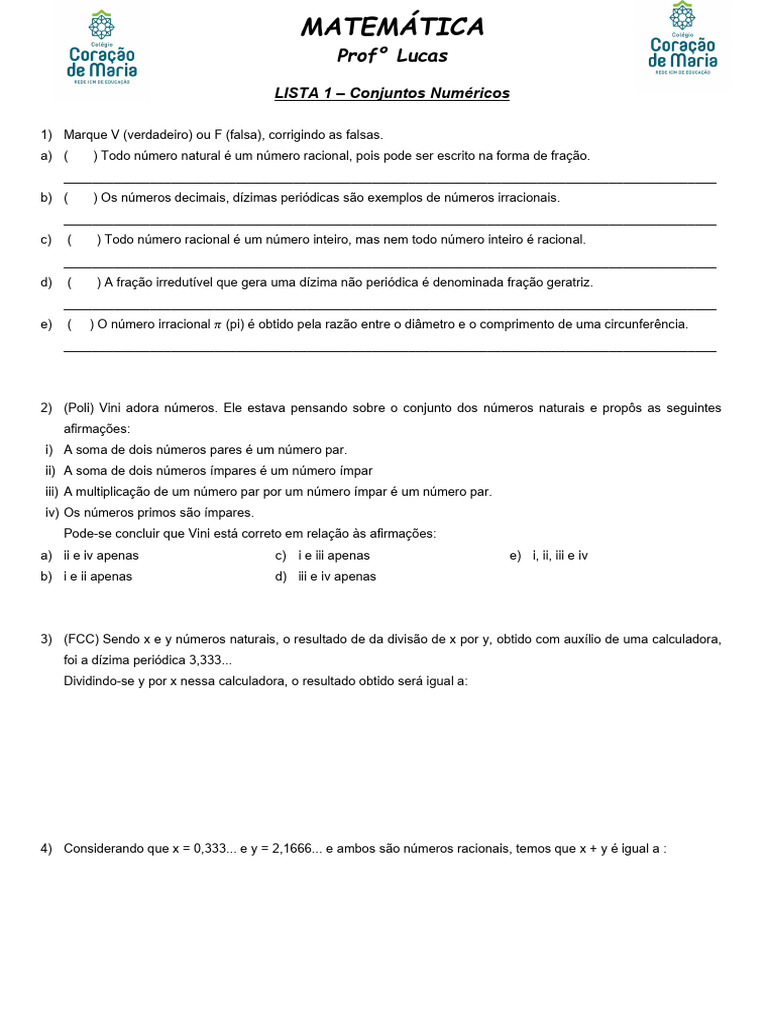 Lista De Exercícios Conjuntos Numéricos Pdf Número Racional Números