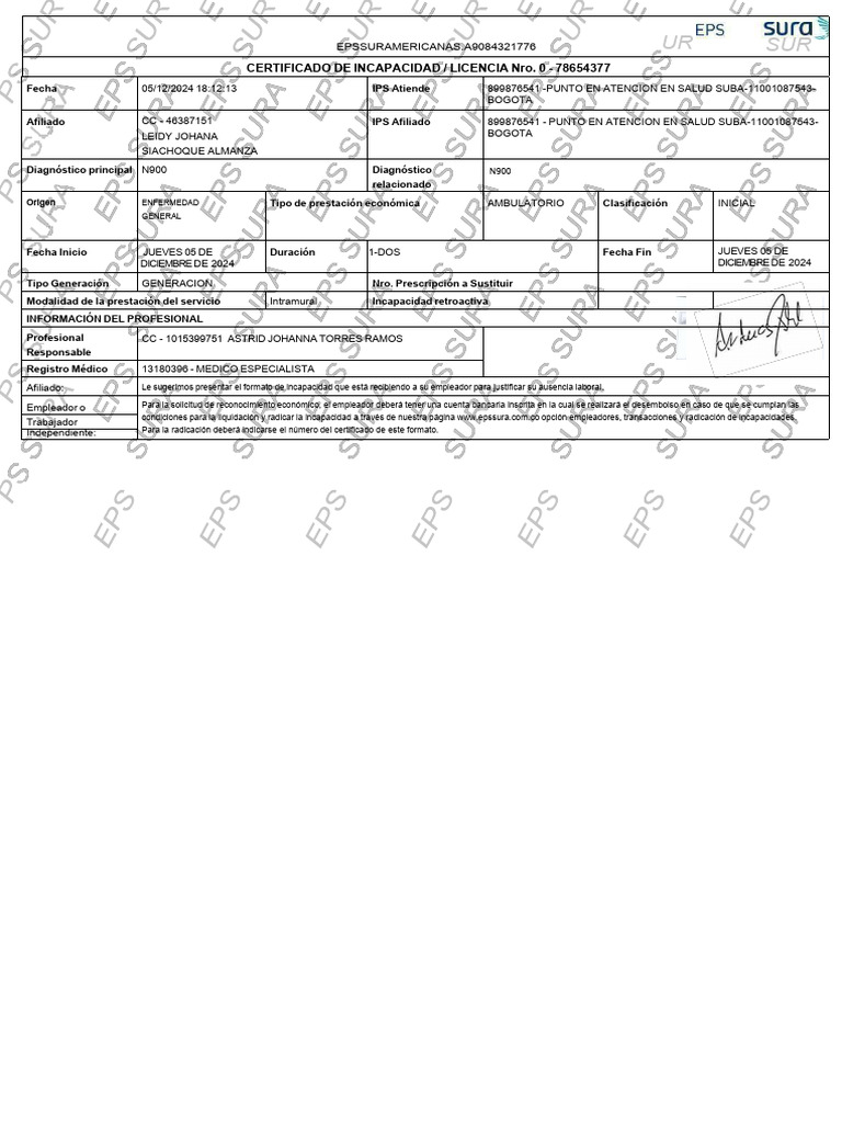 Certificado de Incapacidad EPS Sura | PDF | Cuidado de la salud | Medicina