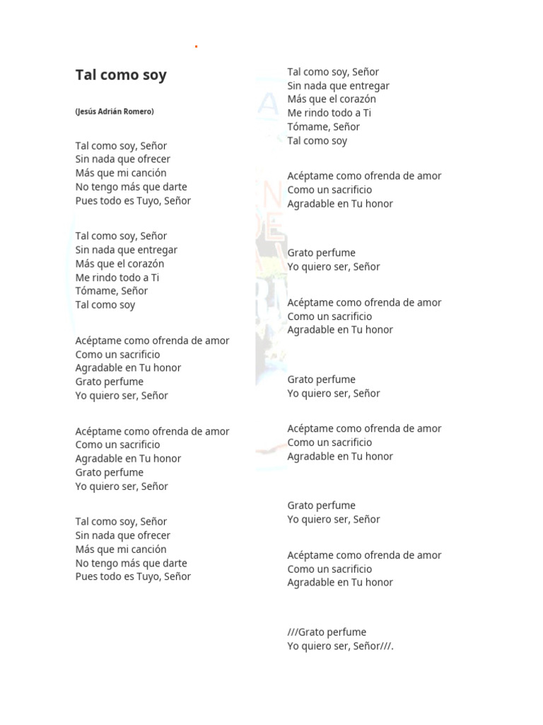 Tal Como Soy: Letra y Alabanza | PDF