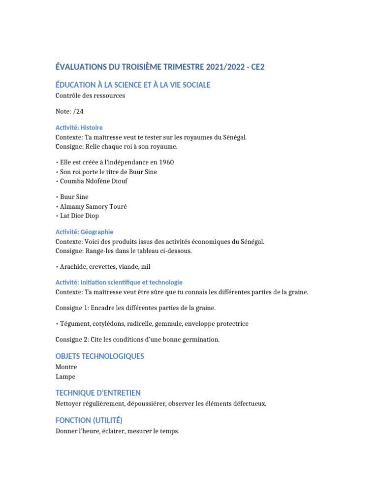 Évaluation CE2 : Sciences et Développement | PDF