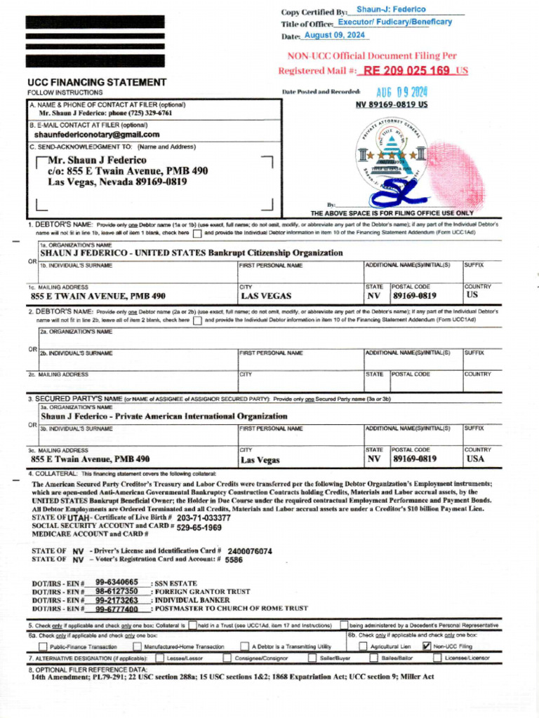 Non-Ucc Doc Filing Per Re 209 025 169 Us Bank Citizenship Org | PDF
