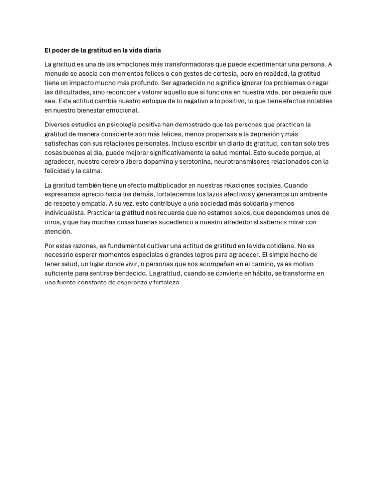 El Poder de La Gratitud en La Vida Diaria | PDF