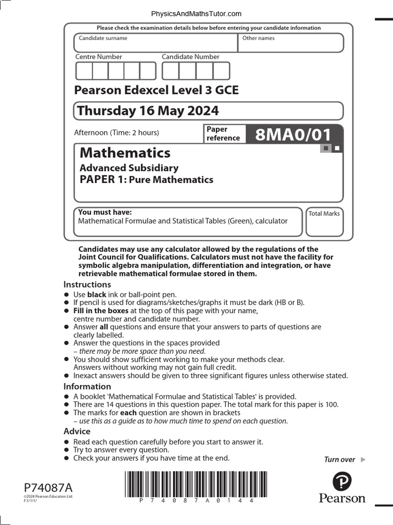 Edexcel AS Maths Paper 1 June 2024 | PDF | Mathematics | Curve